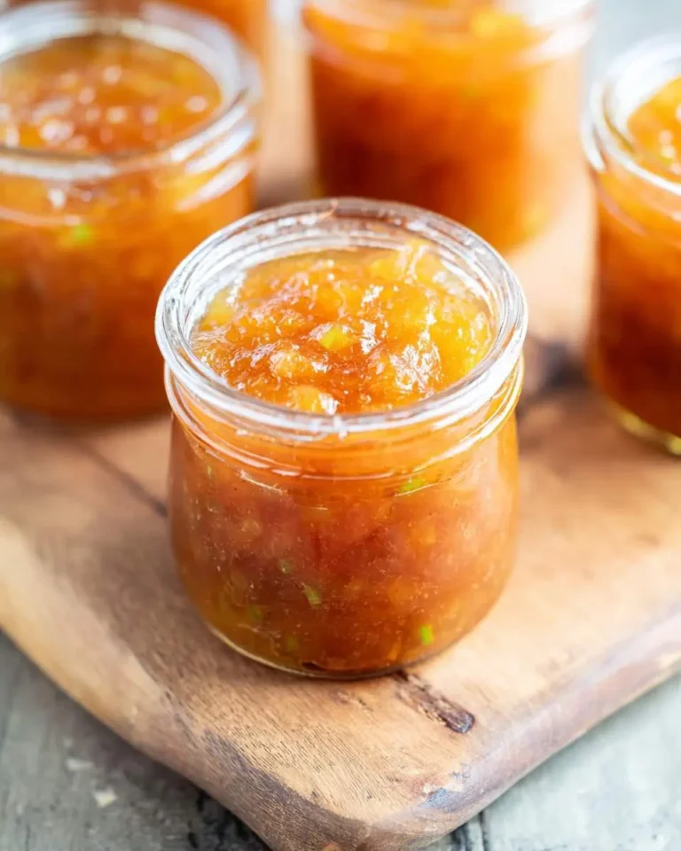Close-up of a jar of homemade Jalapeno Peach Jam with visible fruit chunks and green specks, resting on a wooden board.
