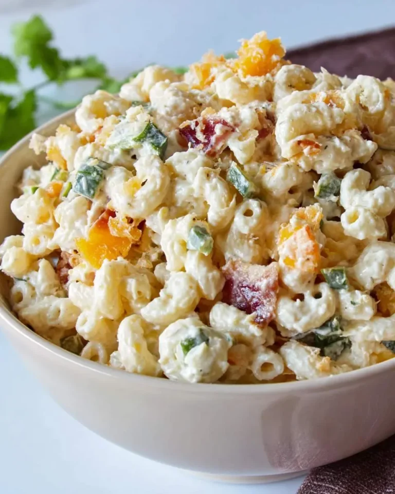 A close-up of a bowl filled with creamy Jalapeño Popper Macaroni Salad, featuring elbow macaroni, green jalapeño, bacon, and orange cheese.