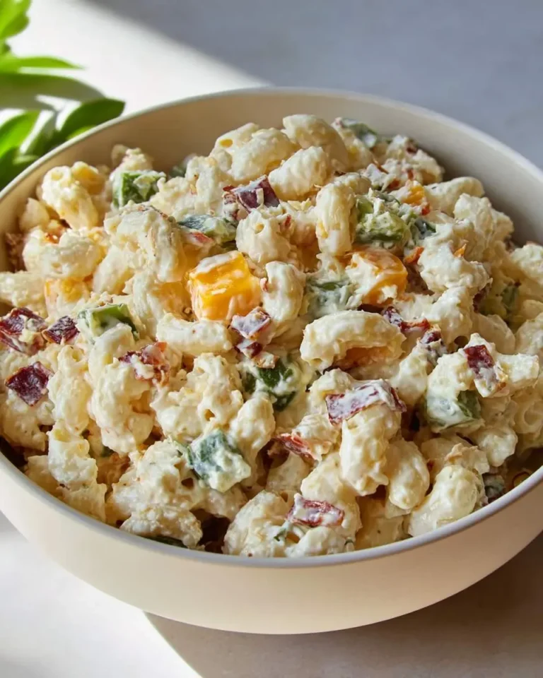 A creamy bowl of Jalapeño Popper Macaroni Salad with visible pieces of jalapeño, cheese, and bacon.