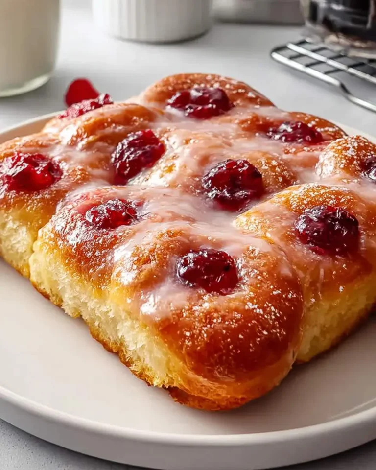 A delightful Jam Donut Focaccia Bread Dessert featuring fluffy, glazed buns topped with bright red jam, served on a white plate.