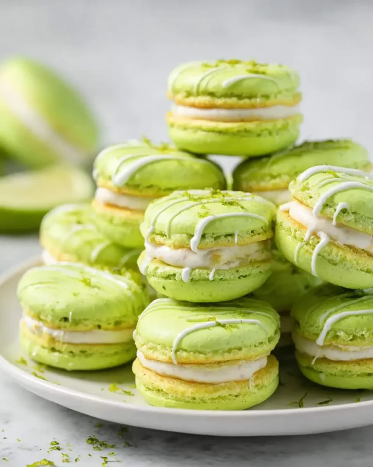 A close-up of a pile of bright green Key Lime Pie Macarons with white cream filling and drizzle, topped with lime zest, on a white plate.