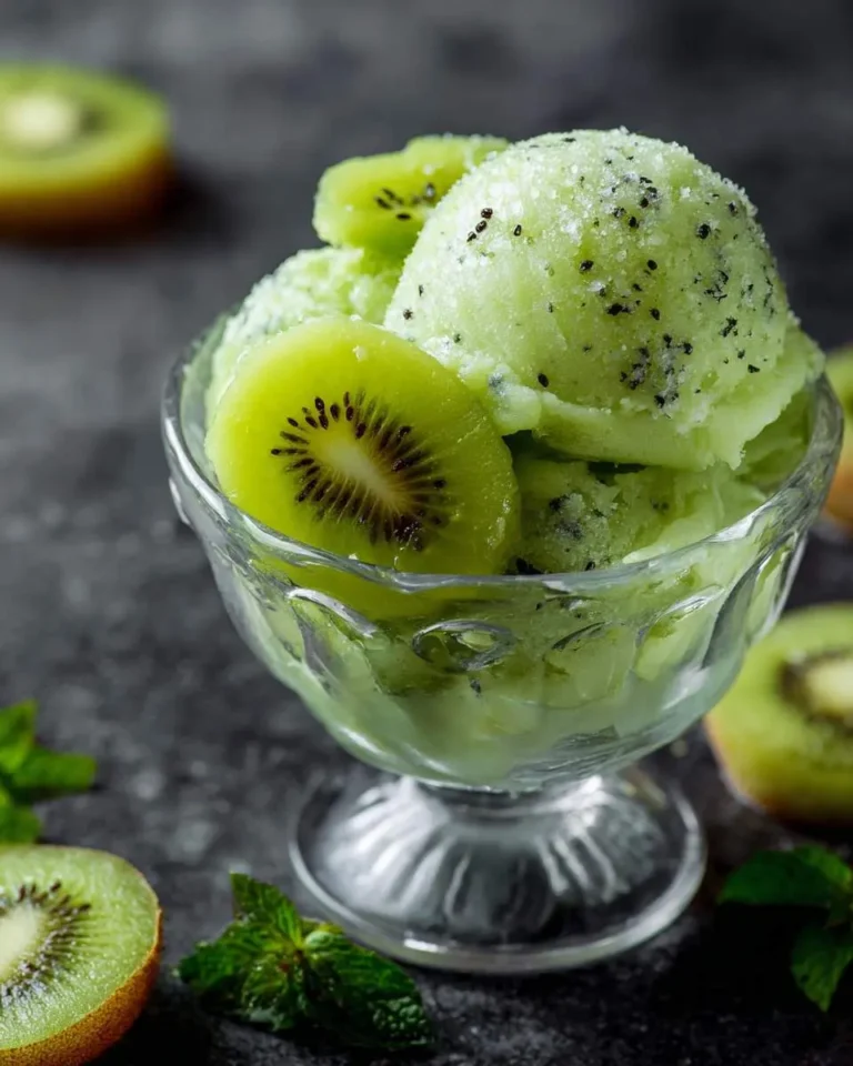 Vibrant green kiwi sorbet scoops in a clear glass bowl, garnished with fresh kiwi slices and black seeds, on a dark surface with mint leaves.