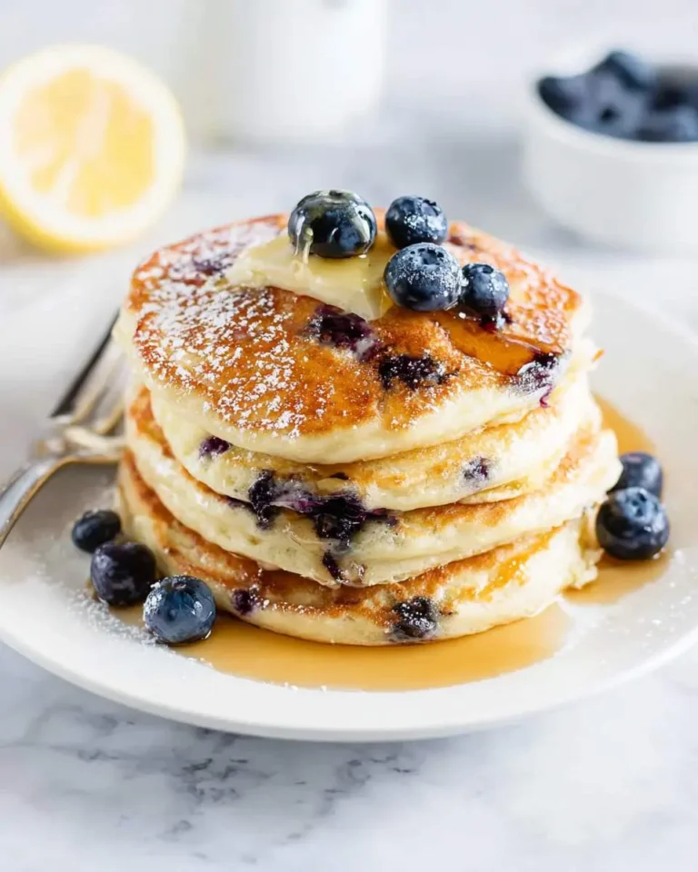A stack of fluffy Lemon Blueberry Pancakes, topped with butter, syrup, fresh blueberries, and powdered sugar, with a lemon in the background.