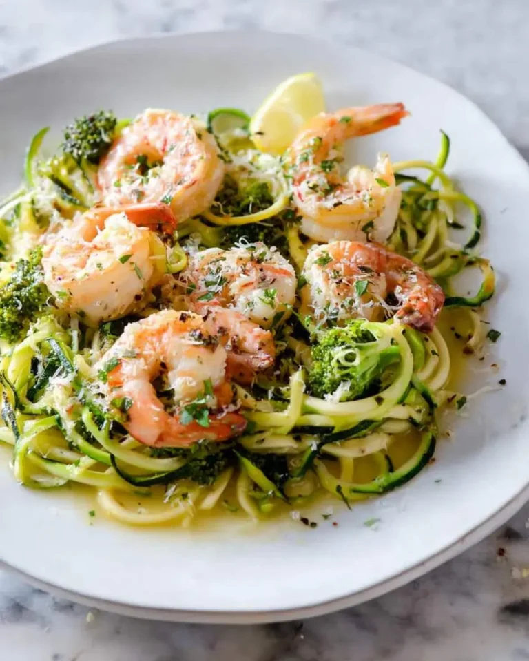 A close-up of a healthy and vibrant plate of lemon garlic shrimp with zucchini noodles, topped with herbs and parmesan.