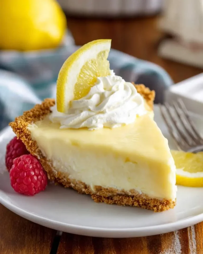 A refreshing slice of Lemon Icebox Pie with whipped cream, a lemon wedge, and fresh raspberries on a white plate.