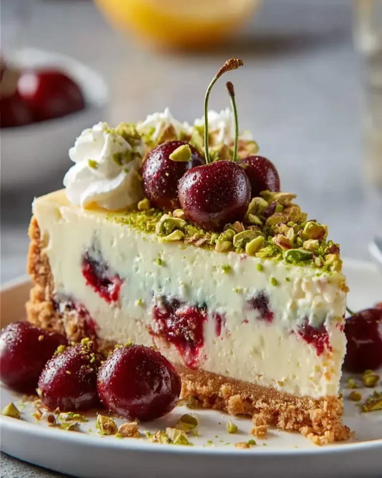 A vibrant slice of Lemon Lime Cherry Pistachio Cheesecake, garnished with fresh cherries, whipped cream, and chopped pistachios.