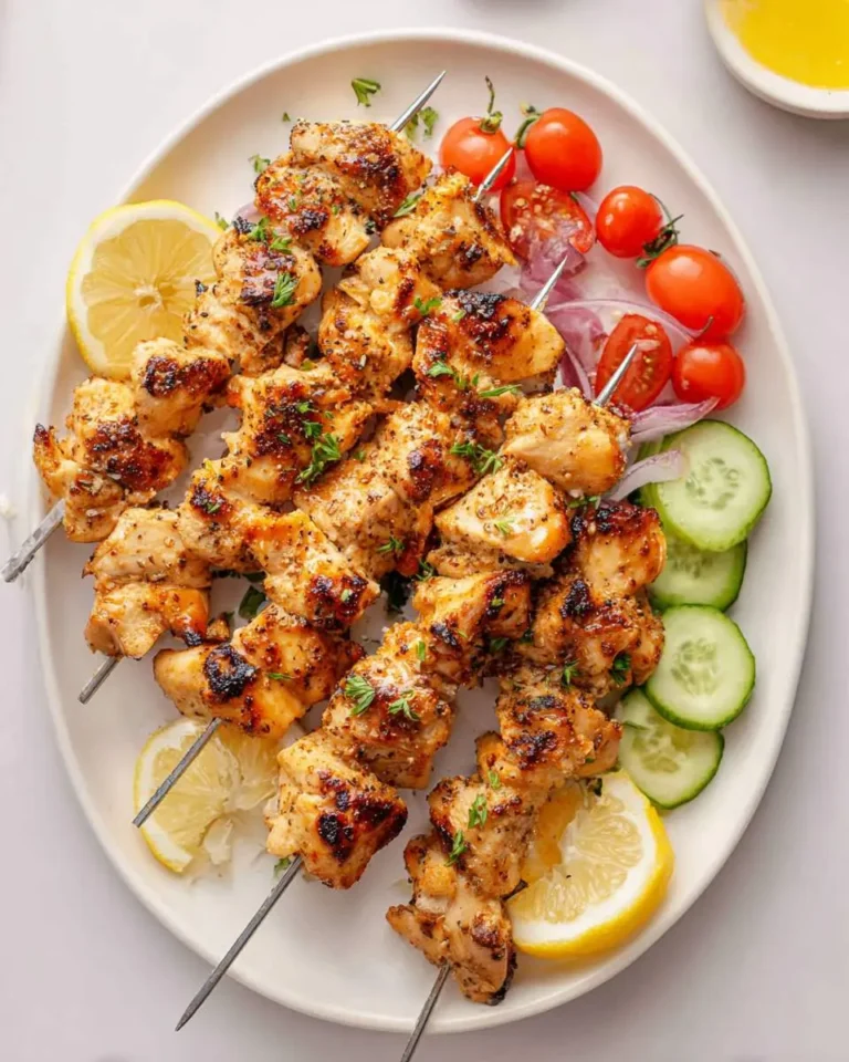 Delicious grilled lemon pepper chicken skewers served on a white platter with fresh lemon slices, cherry tomatoes, red onion, and cucumber.