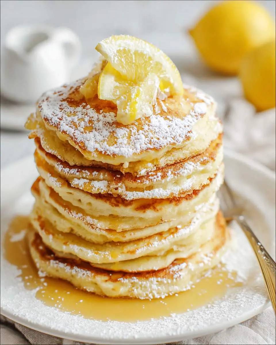 Fluffy lemon ricotta pancakes stacked high, dusted with powdered sugar, drizzled with syrup, and garnished with a fresh lemon.