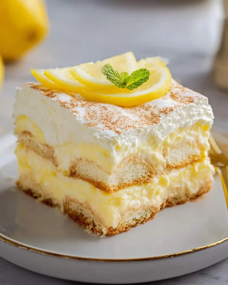 A slice of Lemon Tiramisu topped with lemon slices and fresh mint on a white plate with gold rim.