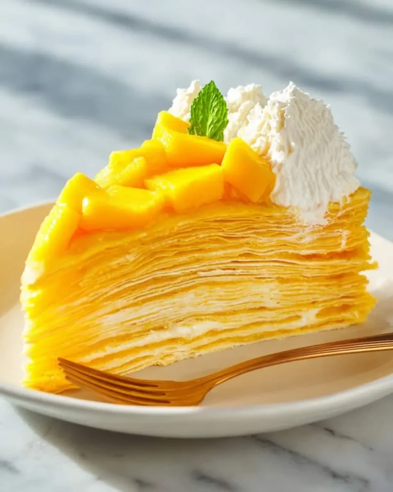 Delicious slice of mango crepe cake with fresh mango chunks, whipped cream, and a mint garnish on a white plate.