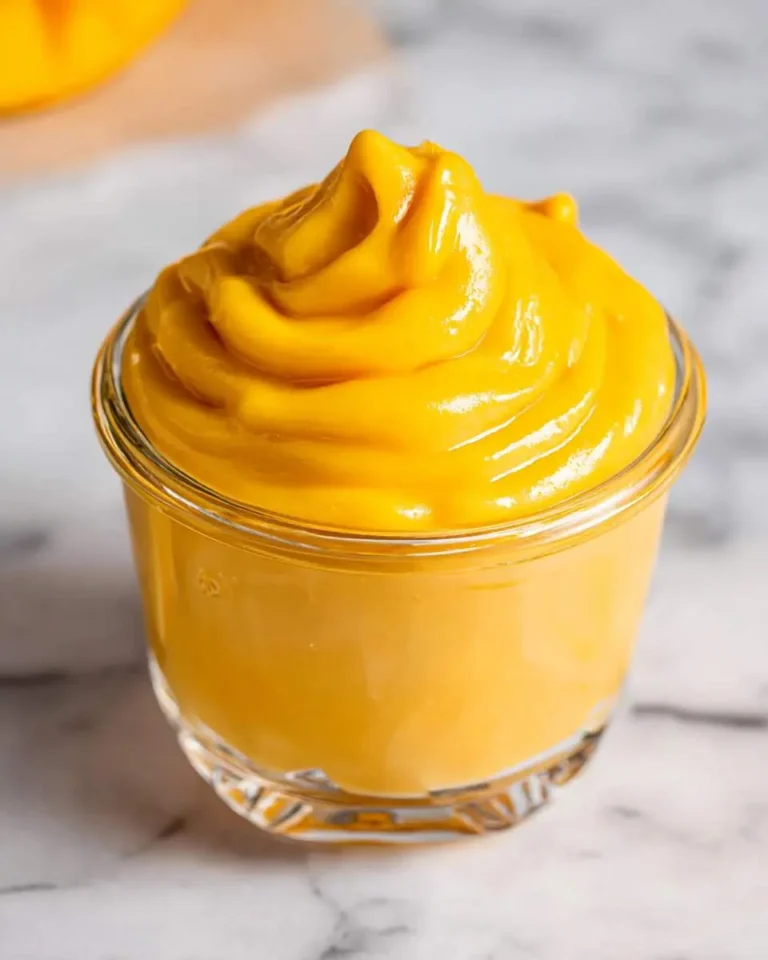 A glass jar filled with luscious, vibrant yellow mango curd, swirled on top, resting on a white marble surface.