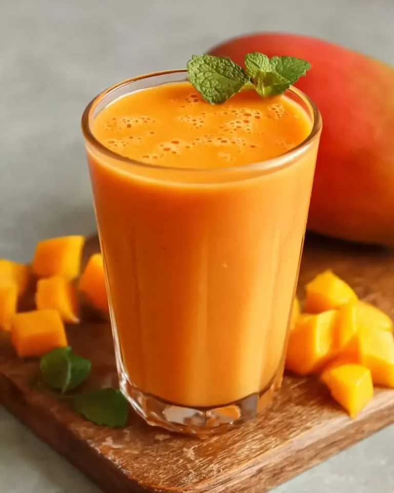 A refreshing glass of mango papaya smoothie garnished with mint, surrounded by fresh mango chunks and a whole mango.