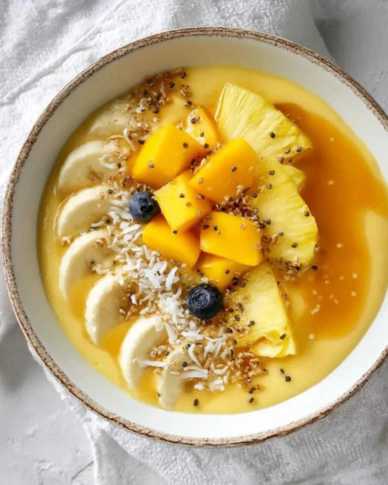 A vibrant Mango Pineapple Smoothie Bowl filled with fresh banana slices, diced mango, pineapple wedges, blueberries, coconut flakes, and chia seeds.