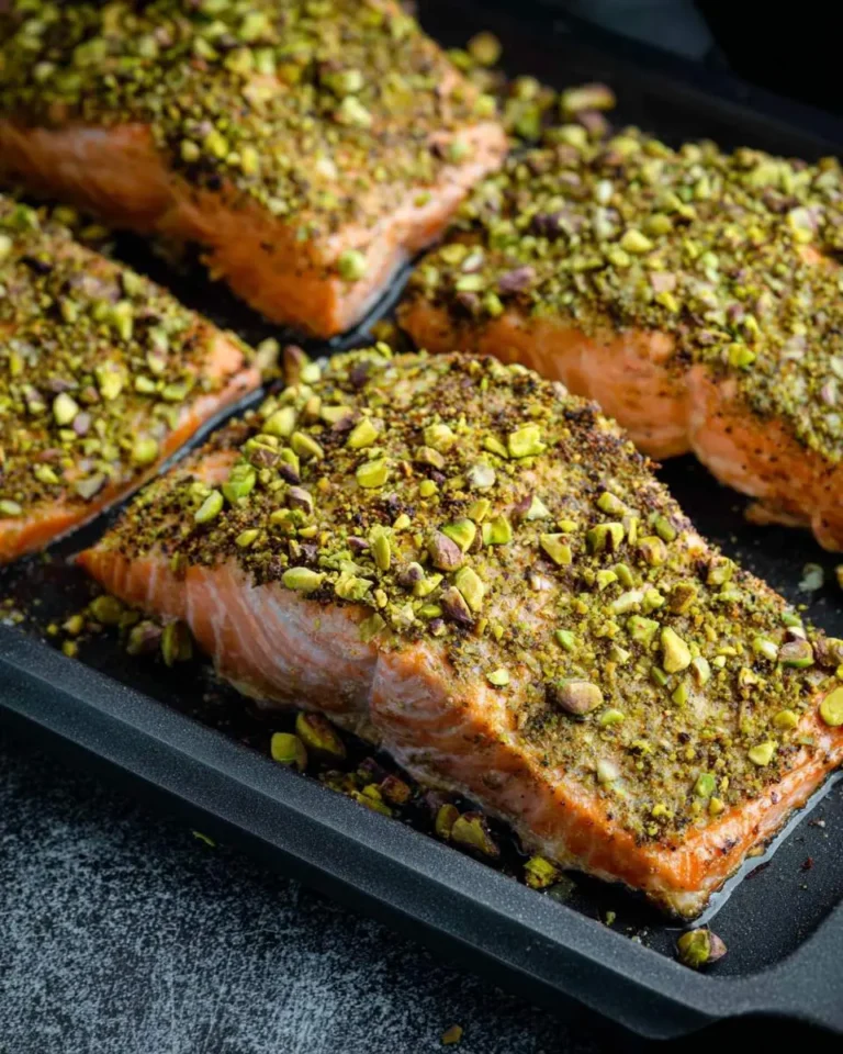 Close-up of four baked Maple Pistachio Salmon fillets, generously coated with bright green chopped pistachios on a dark baking tray.