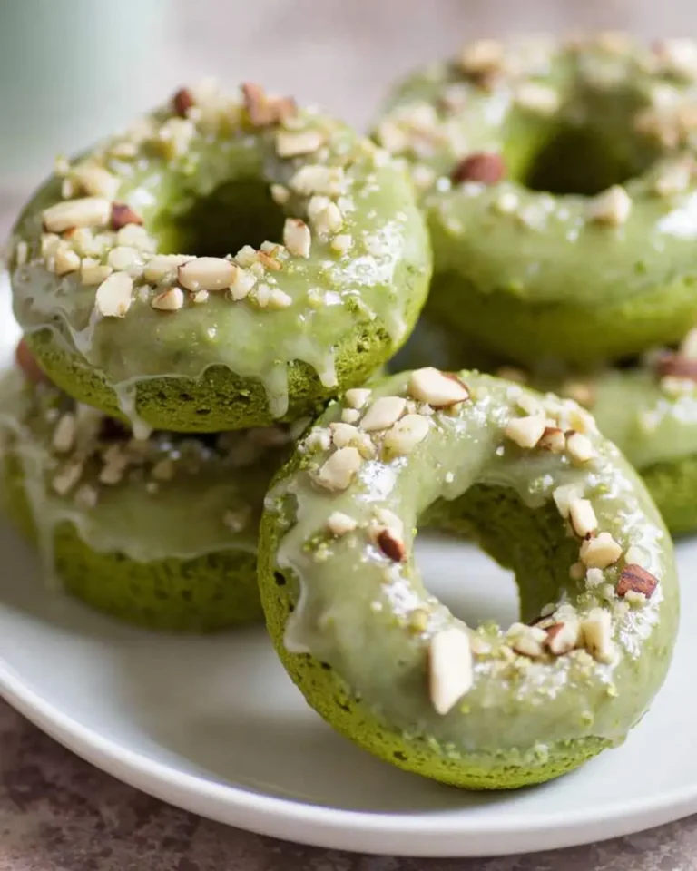 A stack of vibrant green Matcha Doughnuts with Almond Glaze, generously topped with chopped almonds, presented on a white plate.