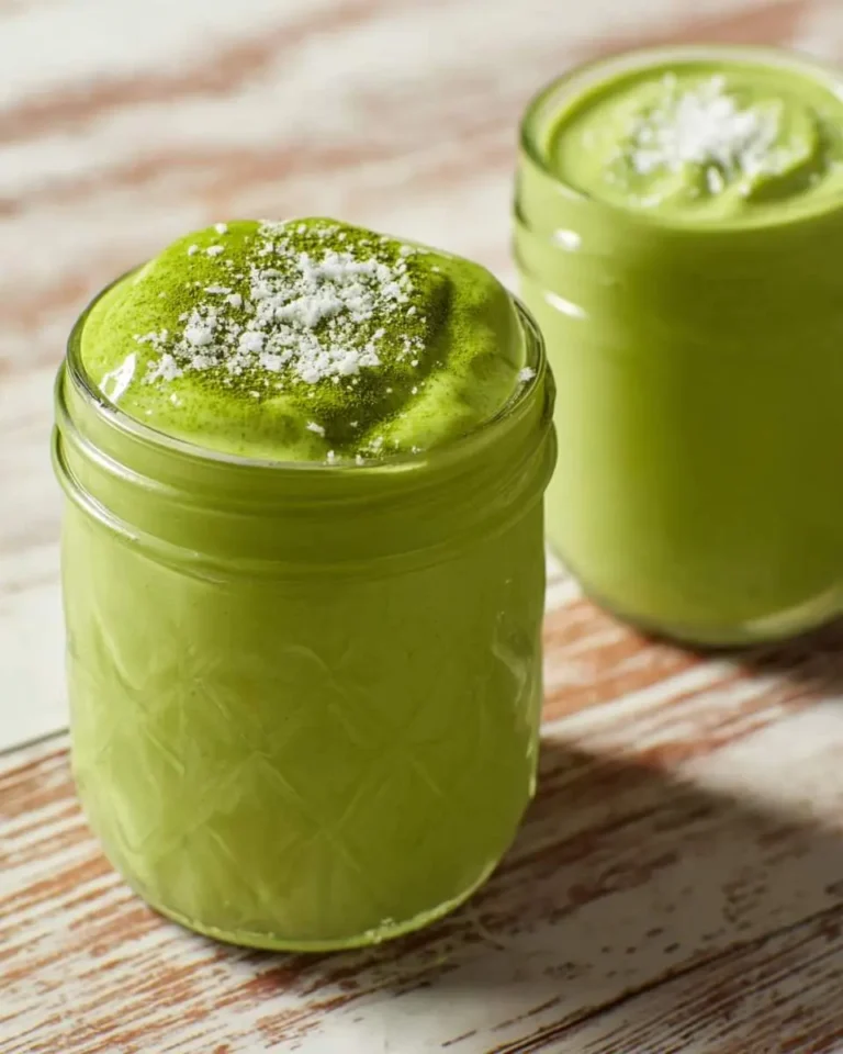 Two vibrant green matcha smoothies in glass jars, topped with matcha powder and white sprinkles, on a rustic wooden table.