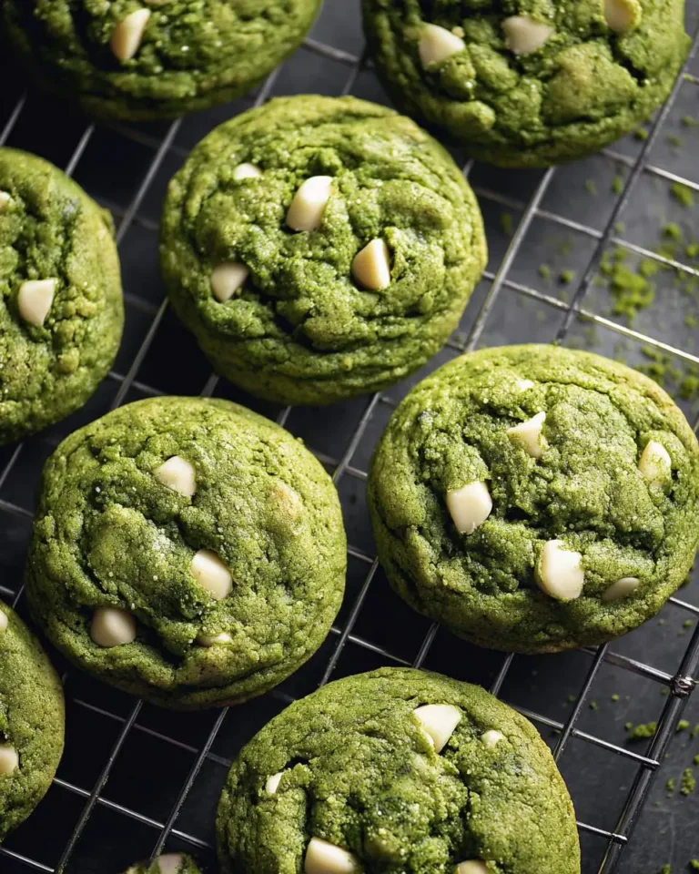 A close-up overhead shot of multiple freshly baked Matcha White Chocolate Cookies cooling on a metal wire rack.