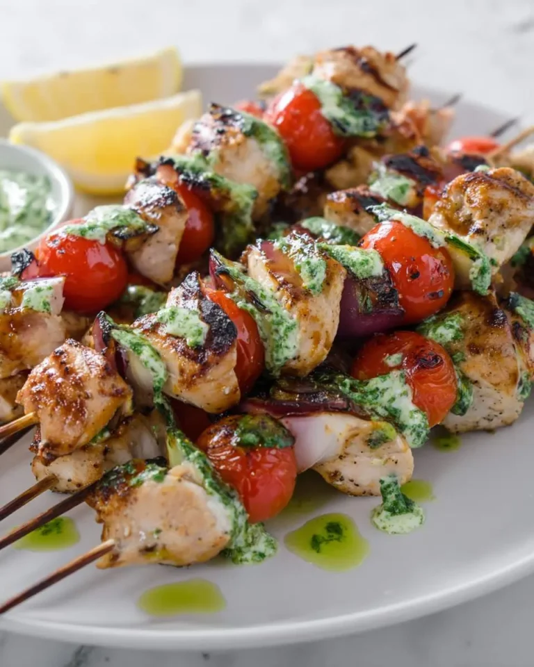 Grilled mediterranean chicken skewers with cherry tomatoes and red onion, drizzled with herb sauce and served with lemon wedges.