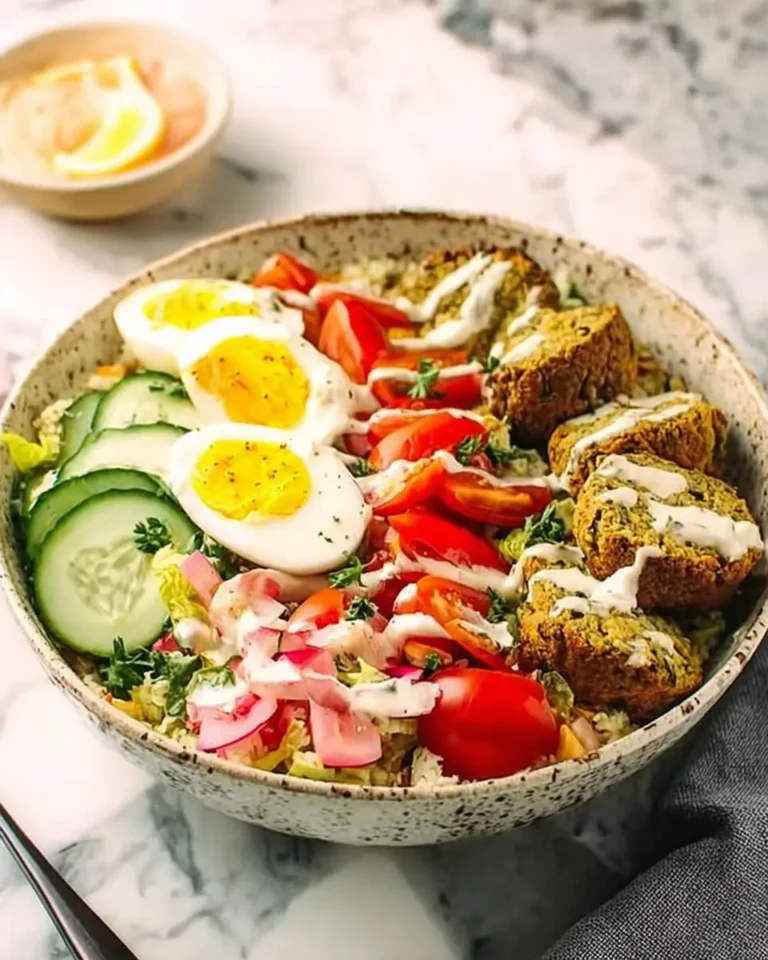 A vibrant Mediterranean falafel bowl with crispy falafel, hard-boiled eggs, fresh cucumbers, tomatoes, and a creamy sauce drizzled on top.