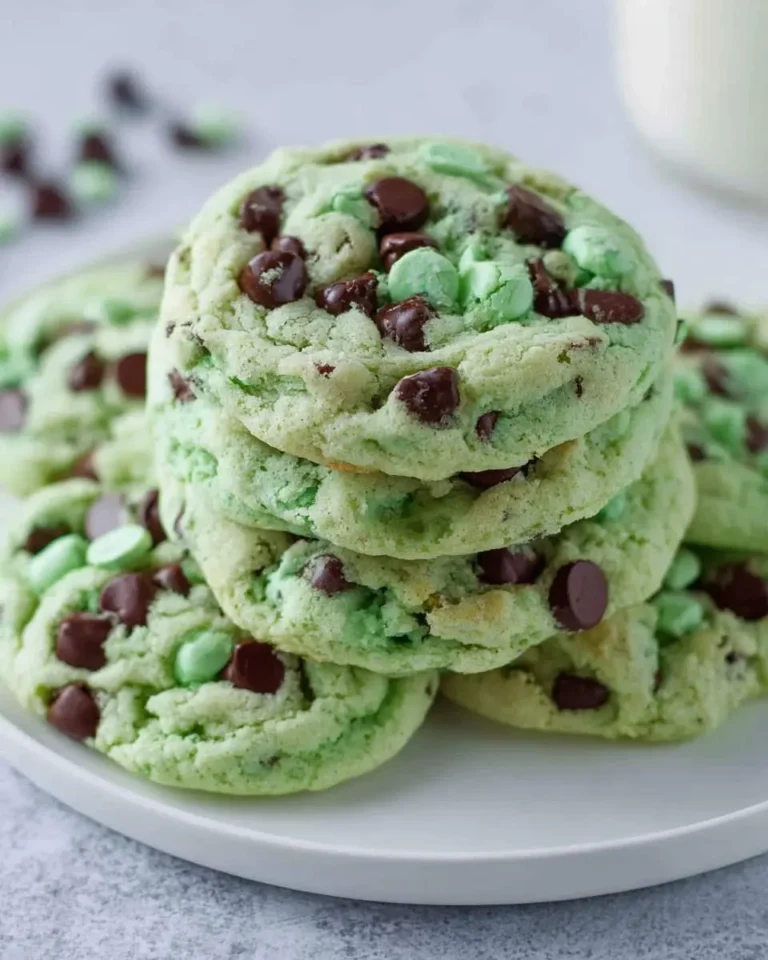 A tempting stack of vibrant green mint chocolate chip cookies loaded with dark chocolate and light green mint chips on a white plate.