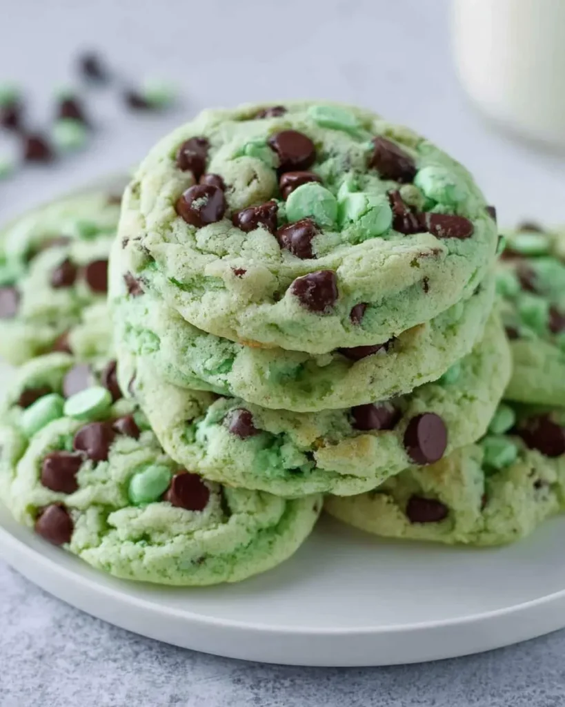 A tempting stack of vibrant green mint chocolate chip cookies loaded with dark chocolate and light green mint chips on a white plate.
