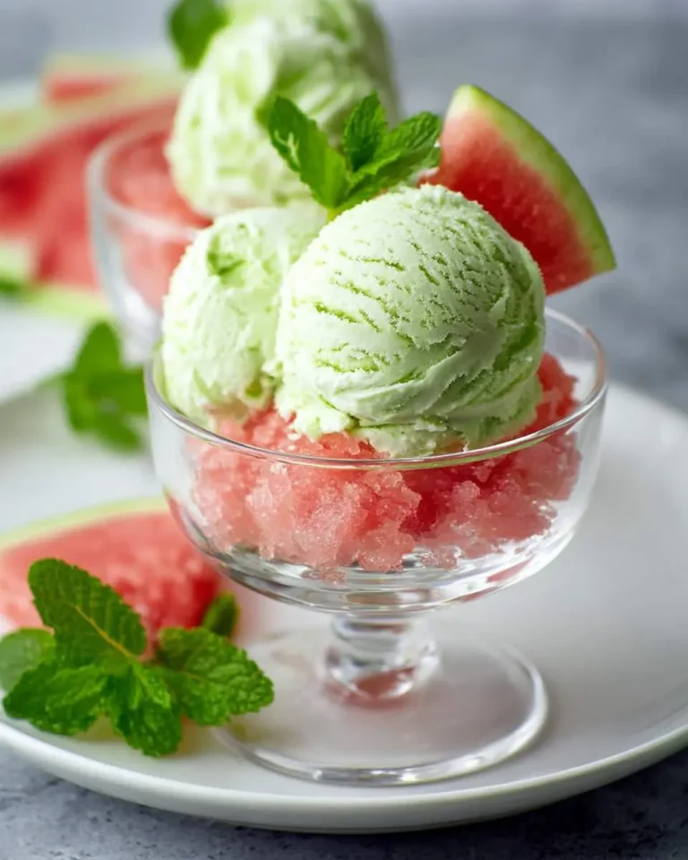 Scoops of Mint Ice Cream top refreshing Watermelon Granita in a glass, garnished with fresh mint and watermelon slices.