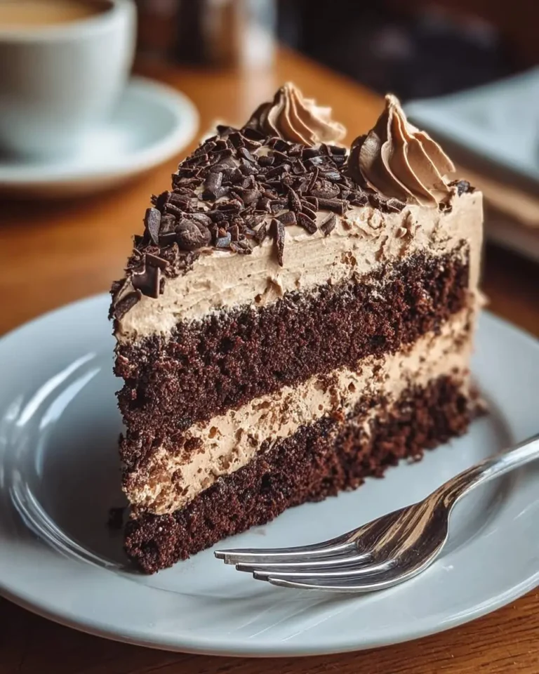 A slice of layered mocha chocolate cake with creamy frosting and chocolate shavings on a white plate with a fork.