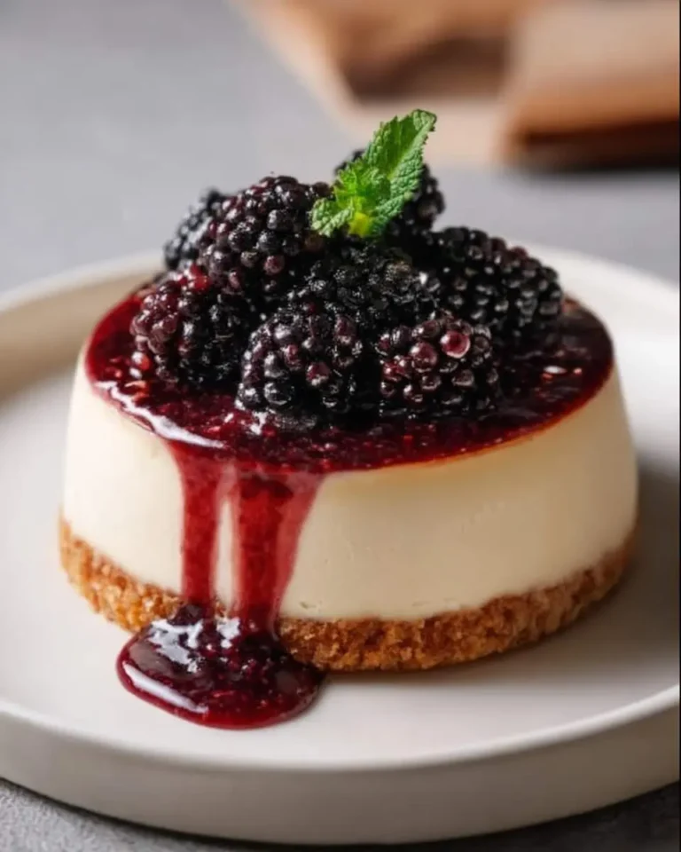 A delectable individual Mulberry Cheesecake topped with a rich berry compote, fresh mulberries, and a mint leaf, with sauce dripping onto a white plate.