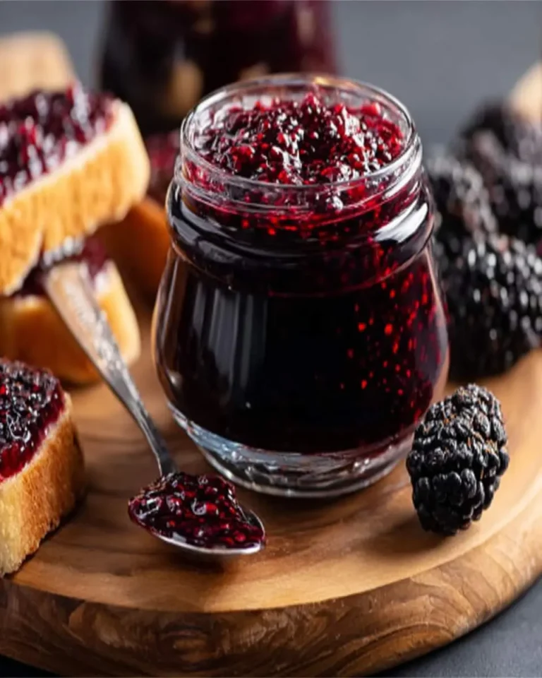 A glass jar of homemade Mulberry Jam sits on a wooden board with jam-smeared toast, a spoon of jam, and fresh mulberries.