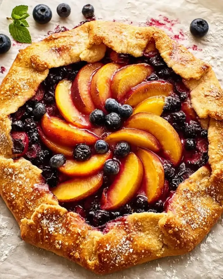 A close-up of a delicious homemade nectarine blueberry galette with a golden, rustic crust, dusted with powdered sugar, and fresh mint.