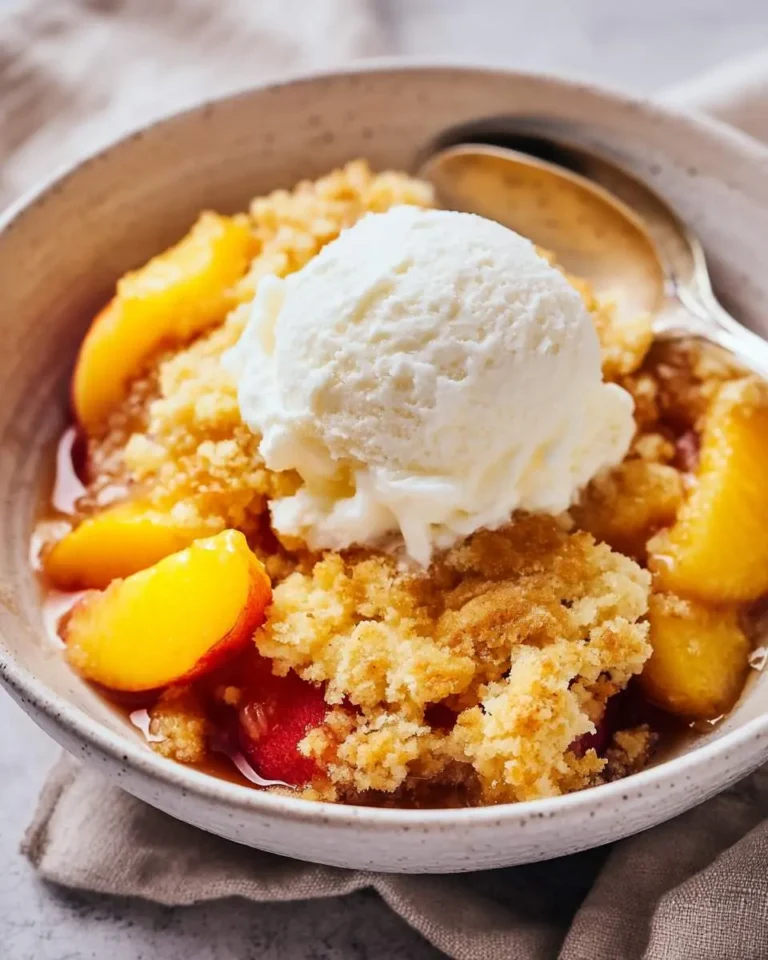 A close-up of a warm nectarine cobbler topped with a scoop of melting vanilla ice cream in a white bowl.