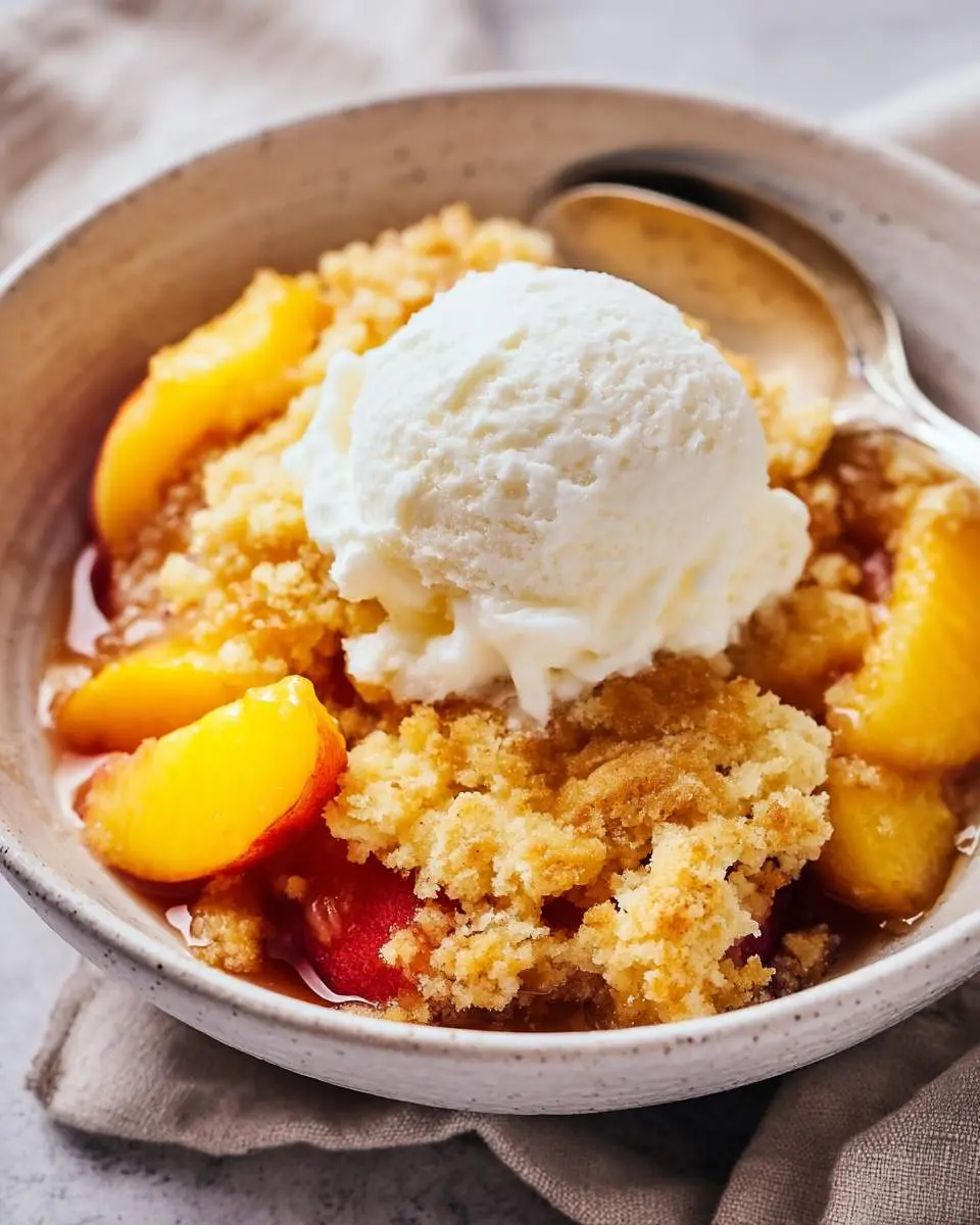 A close-up of a warm nectarine cobbler topped with a scoop of melting vanilla ice cream in a white bowl.