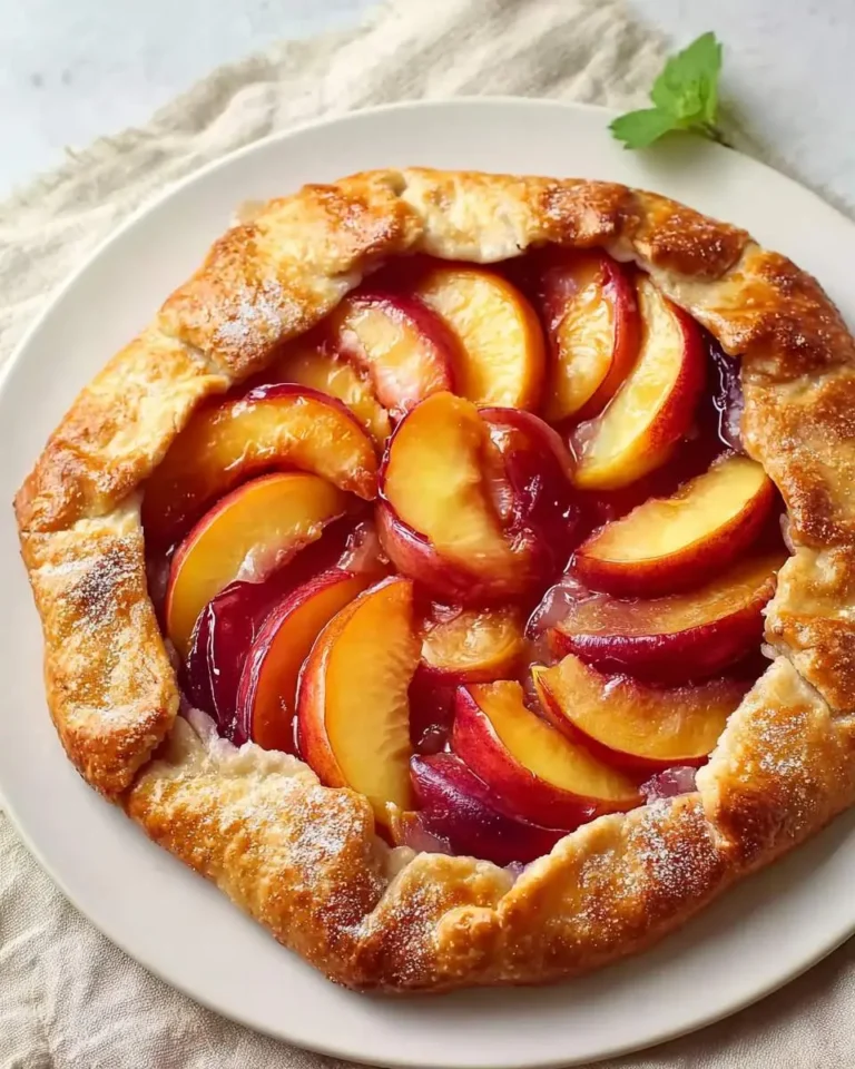 A beautiful, rustic nectarine galette with glistening sliced fruit and a golden-brown crust, dusted with powdered sugar, on a white plate.