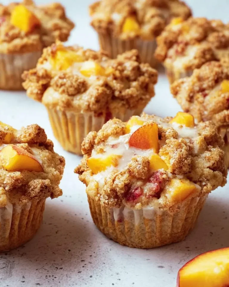 A close-up shot of several golden-brown nectarine muffins with a sweet streusel topping and fresh fruit pieces.