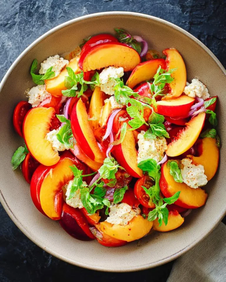 A vibrant close-up of a fresh nectarine salad in a bowl with sliced red onions, tomatoes, feta cheese, and mint leaves on a dark surface.