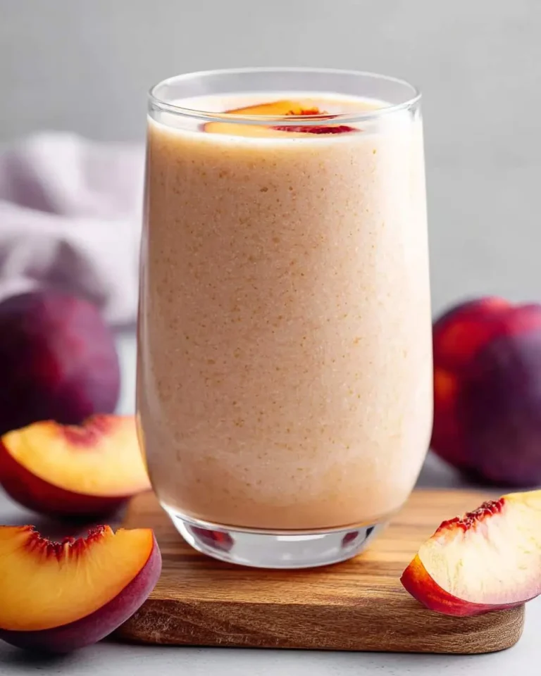 A refreshing nectarine smoothie in a clear glass, garnished with a nectarine slice, surrounded by fresh nectarine pieces on a wooden board.