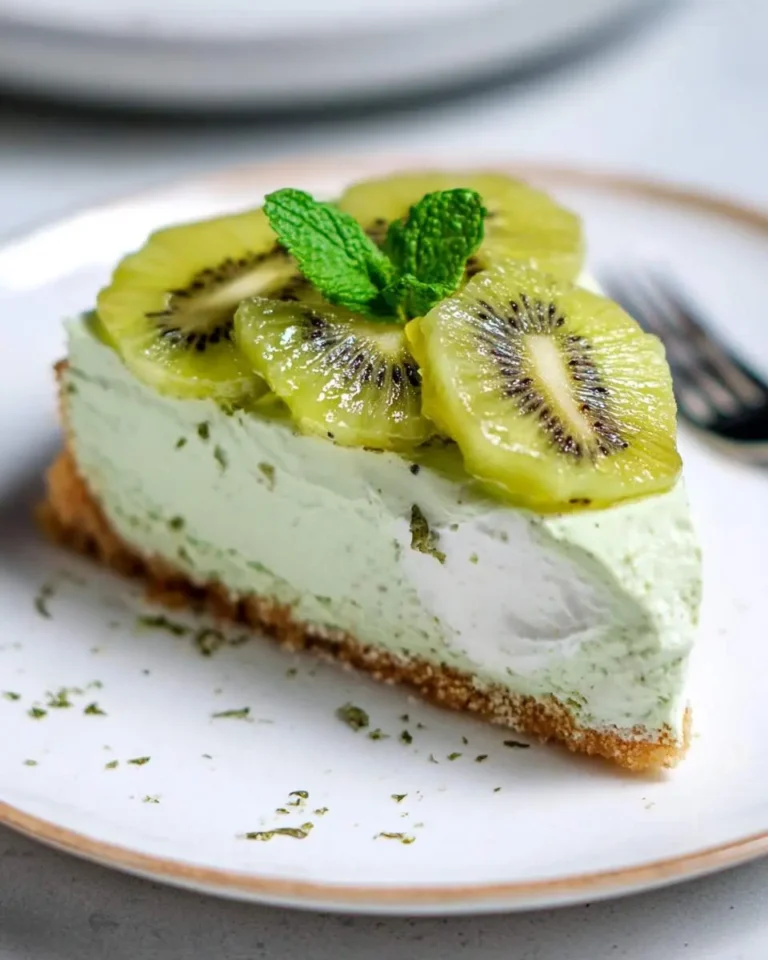A delicious slice of No-Bake Kiwi Lime Cheesecake topped with fresh kiwi slices and a sprig of mint on a white plate.