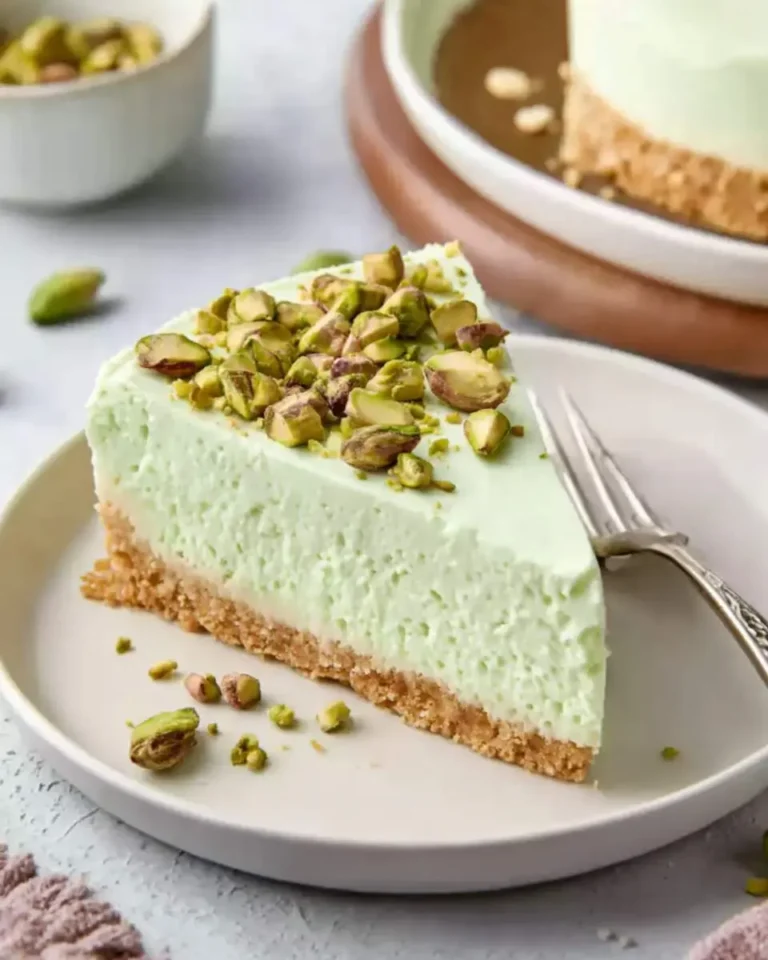 A delicious slice of No-Bake Pistachio Cheesecake with a crumbly crust and topped with chopped pistachios on a white plate.