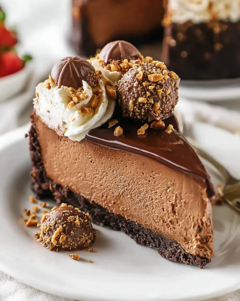 A decadent slice of creamy Nutella cheesecake, garnished with chocolate ganache, whipped cream, and hazelnut truffles.