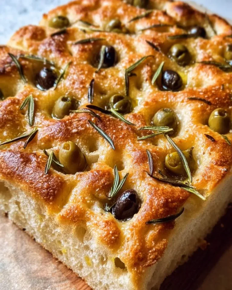 A close-up shot of freshly baked Olive Rosemary Focaccia, golden brown with dimples, adorned with green and black olives and fragrant rosemary.