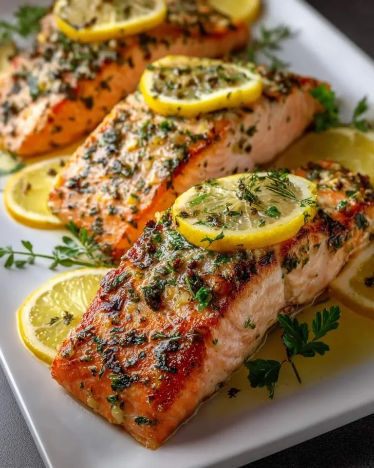 Three perfectly cooked One Pan Lemon Herb Salmon fillets, glistening with sauce and topped with fresh lemon slices and herbs, served on a white platter.