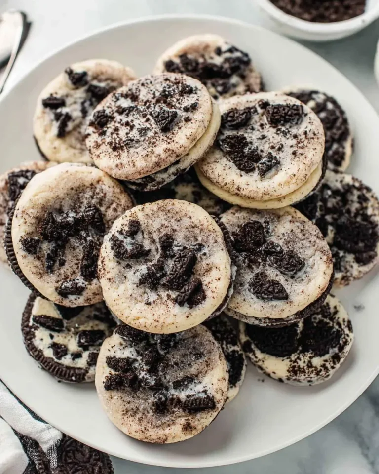 A white plate piled high with delicious Oreo cheesecake cookies, sprinkled with crushed Oreo pieces.