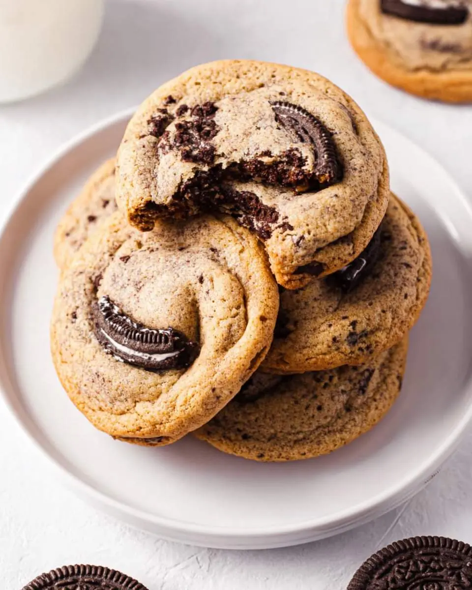 A stack of golden-brown Oreo stuffed chocolate chip cookies on a white plate, with one cookie bitten to show the creamy filling.