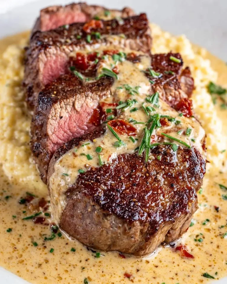 Close-up of perfectly cooked pan-seared steak slices resting on polenta, generously covered in a rich Tuscan cream sauce.