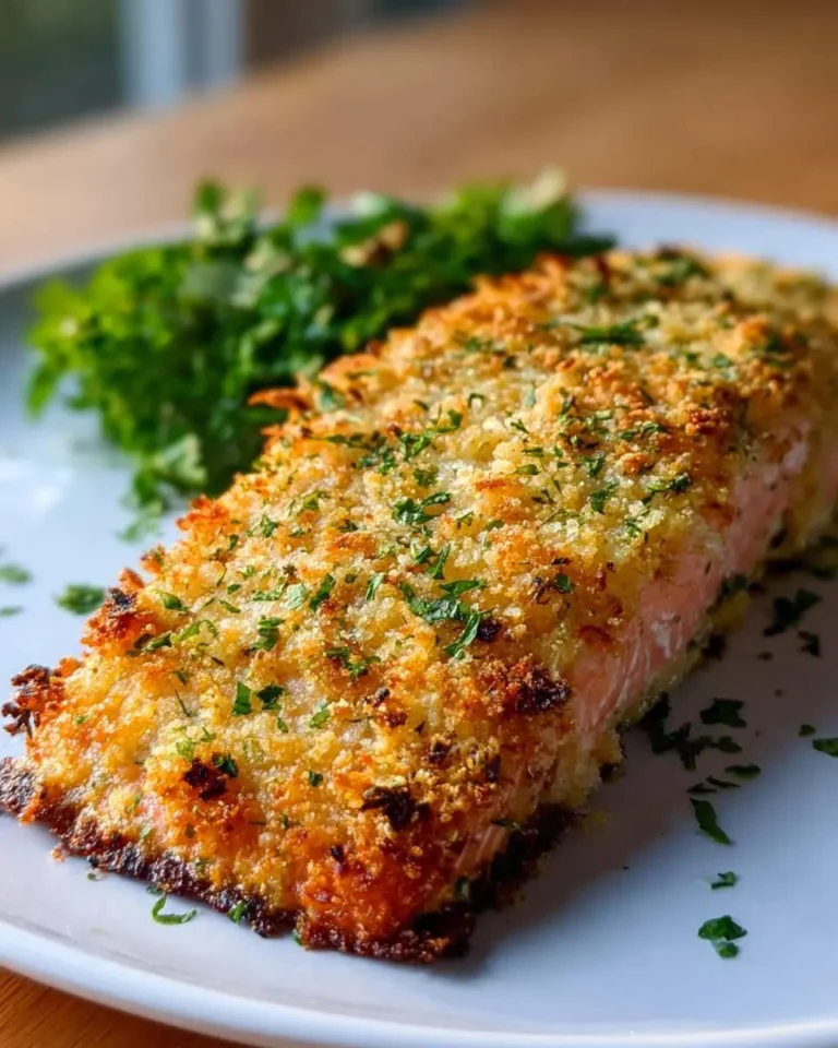 A perfectly cooked Parmesan Crusted Baked Salmon fillet, golden and crispy, garnished with fresh parsley, served alongside a green salad.
