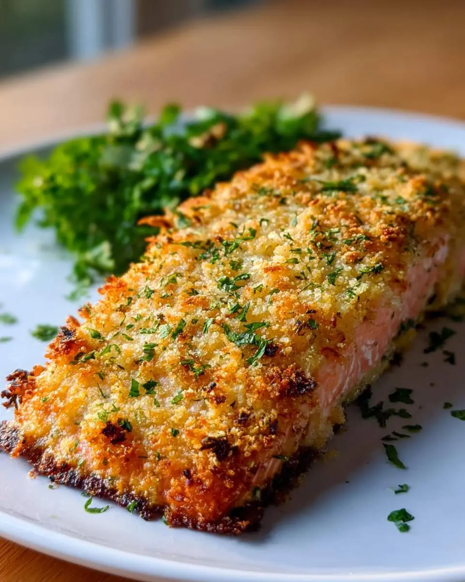 A perfectly cooked Parmesan Crusted Baked Salmon fillet, golden and crispy, garnished with fresh parsley, served alongside a green salad.