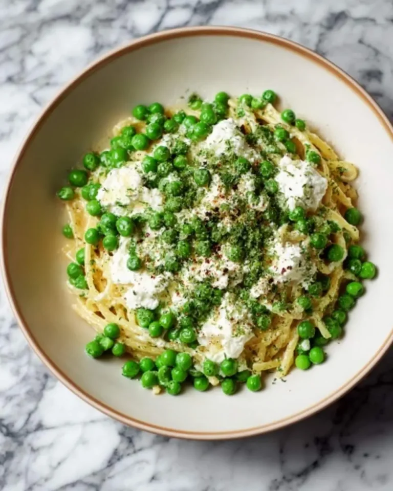 A close-up of a bowl filled with vibrant Pea and Ricotta Pasta, generously topped with fresh green peas and creamy ricotta.