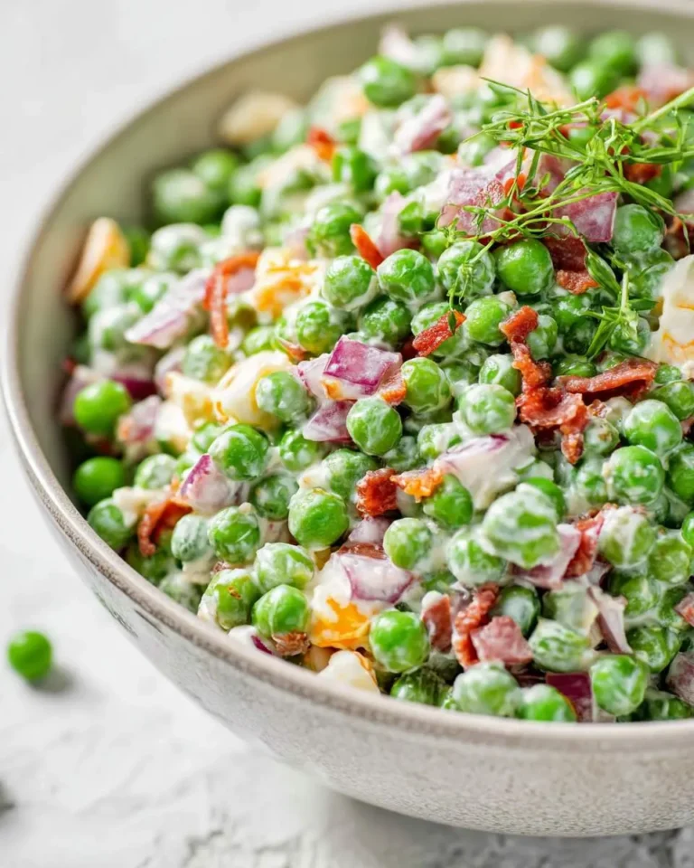 A close-up of a creamy pea salad with bright green peas, diced red onions, crispy bacon bits, and chopped eggs in a gray bowl.