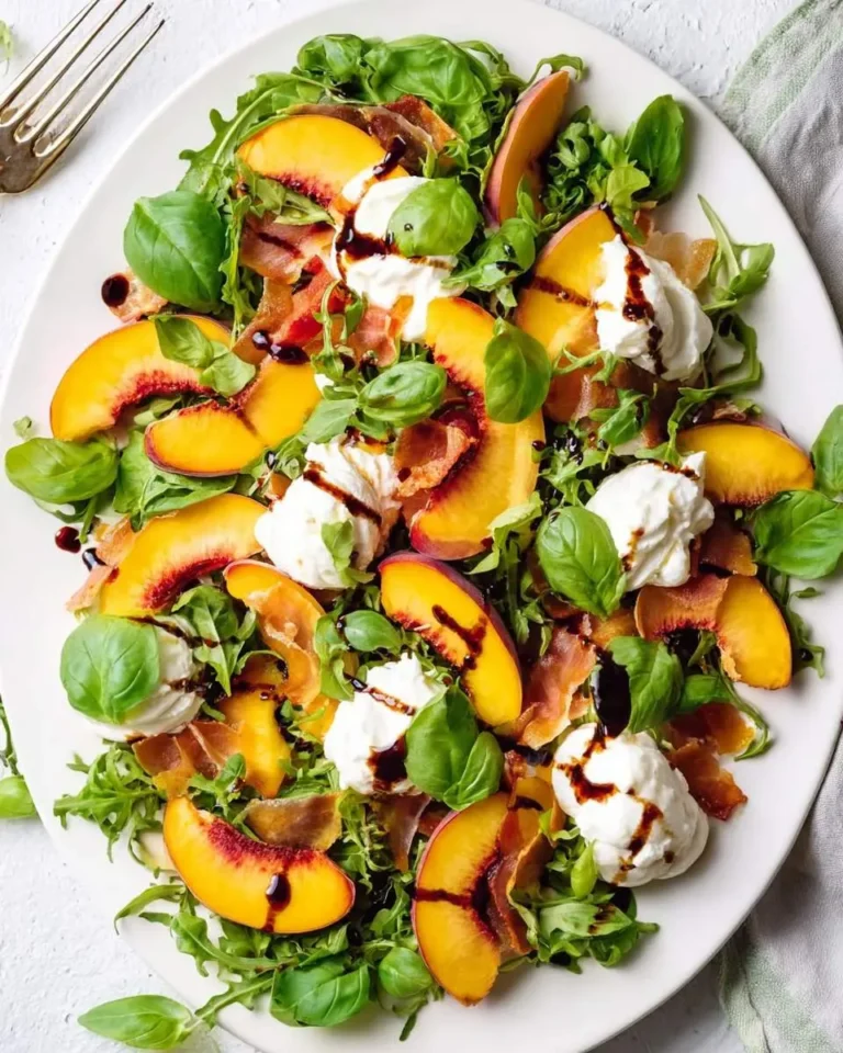 A vibrant Peach Burrata Salad featuring sliced peaches, creamy burrata cheese, prosciutto, fresh basil, arugula, and balsamic glaze on a white oval plate.