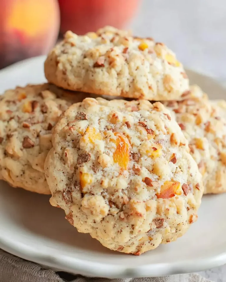 A plate of freshly baked Peach Cobbler Cookies with visible peach pieces, nuts, and a blurred background of whole fresh peaches.